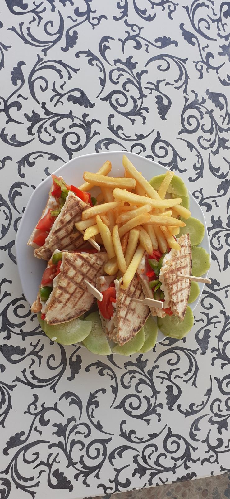 Sandwich rustic with mastelo cheese or feta,tomato,pepper,olive oil, oregano,olive